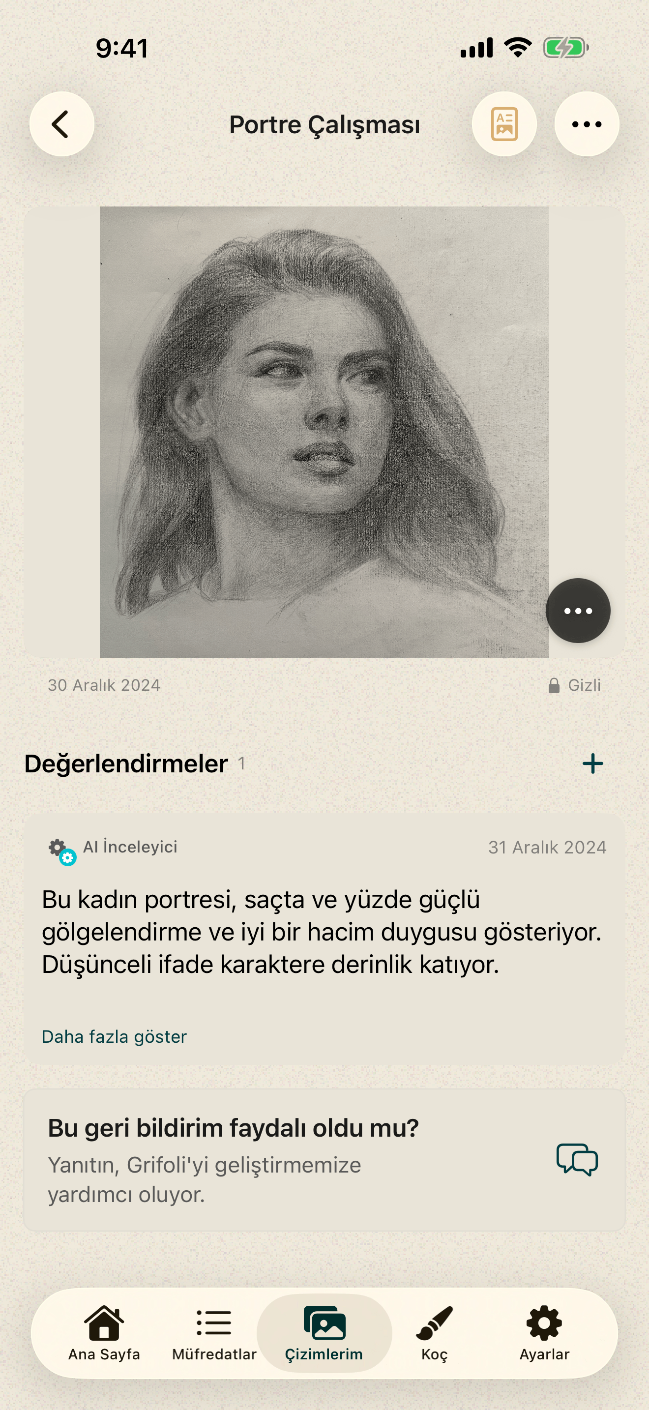 Çizim seviyesini ve dört çizim alanını gösteren Grifoli değerlendirmesi