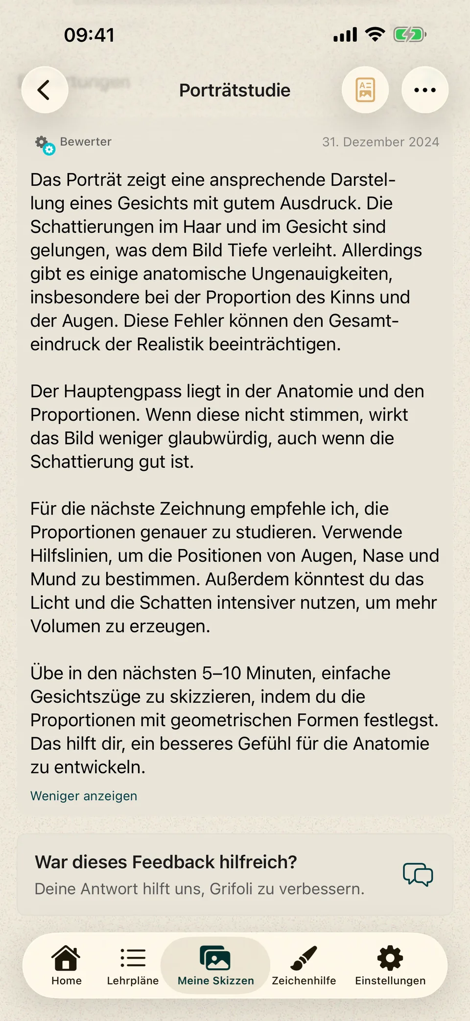 Porträtzeichnung mit schriftlichem Feedback zu Schattierung, Gesichtsproportionen und einer nächsten Übung.