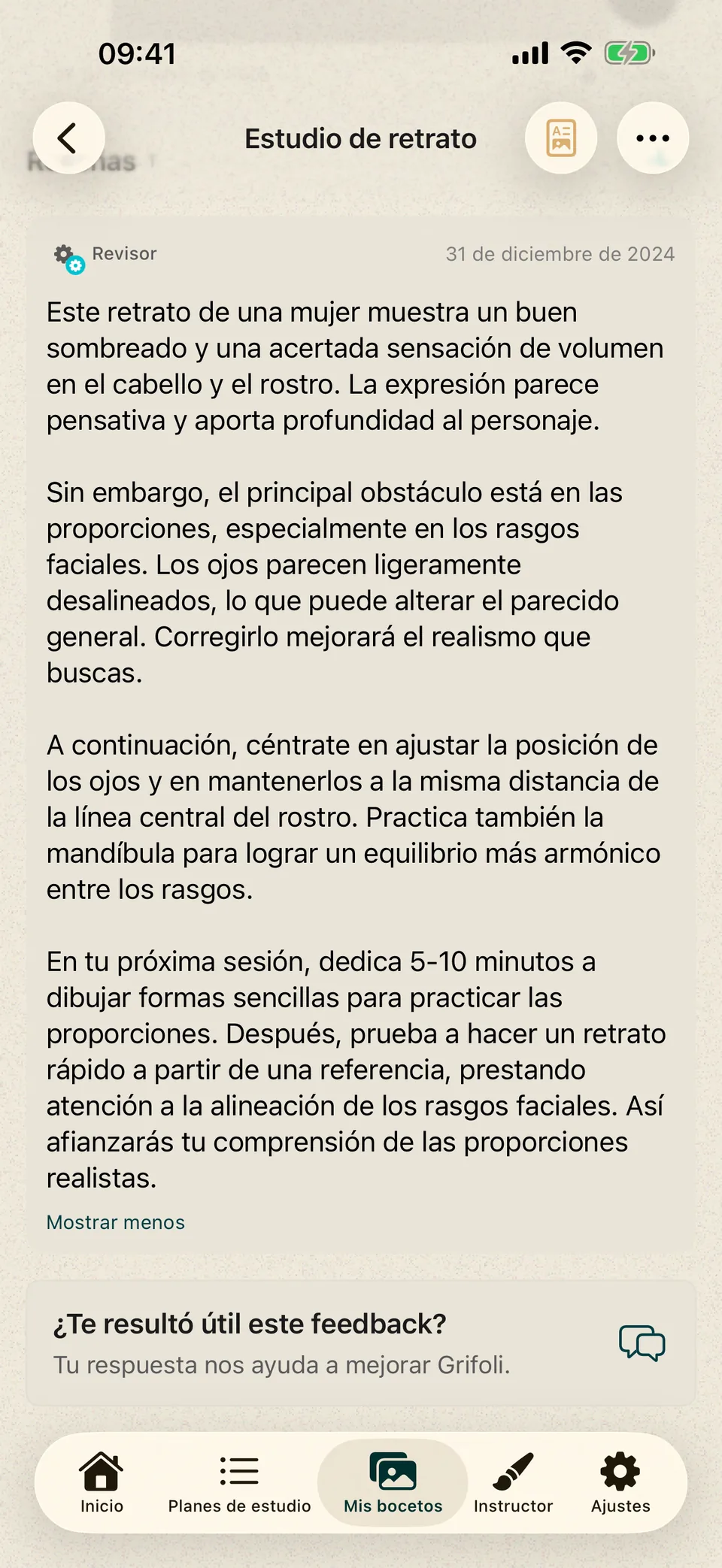 Retrato con comentarios escritos sobre el sombreado, las proporciones faciales y el siguiente ejercicio.