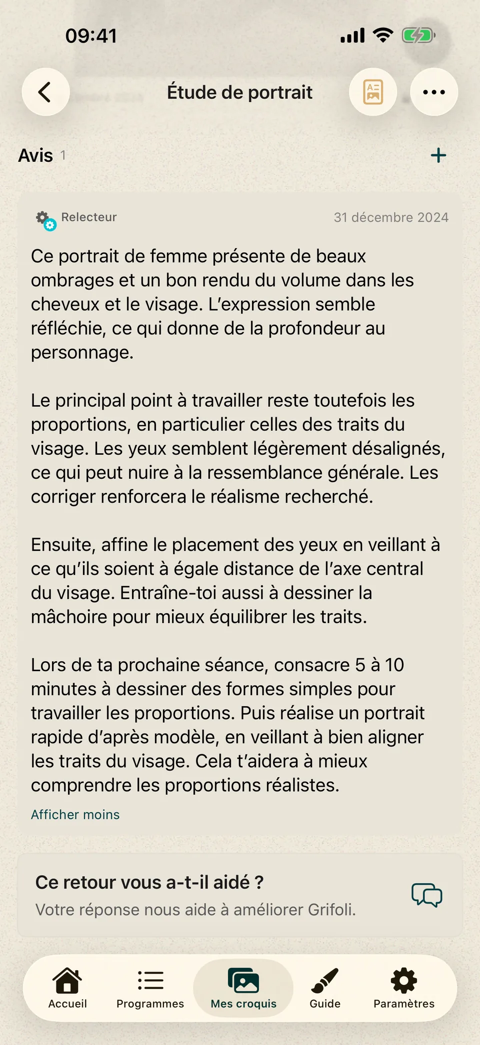 Portrait accompagné de conseils écrits sur les ombrages, les proportions du visage et le prochain exercice.