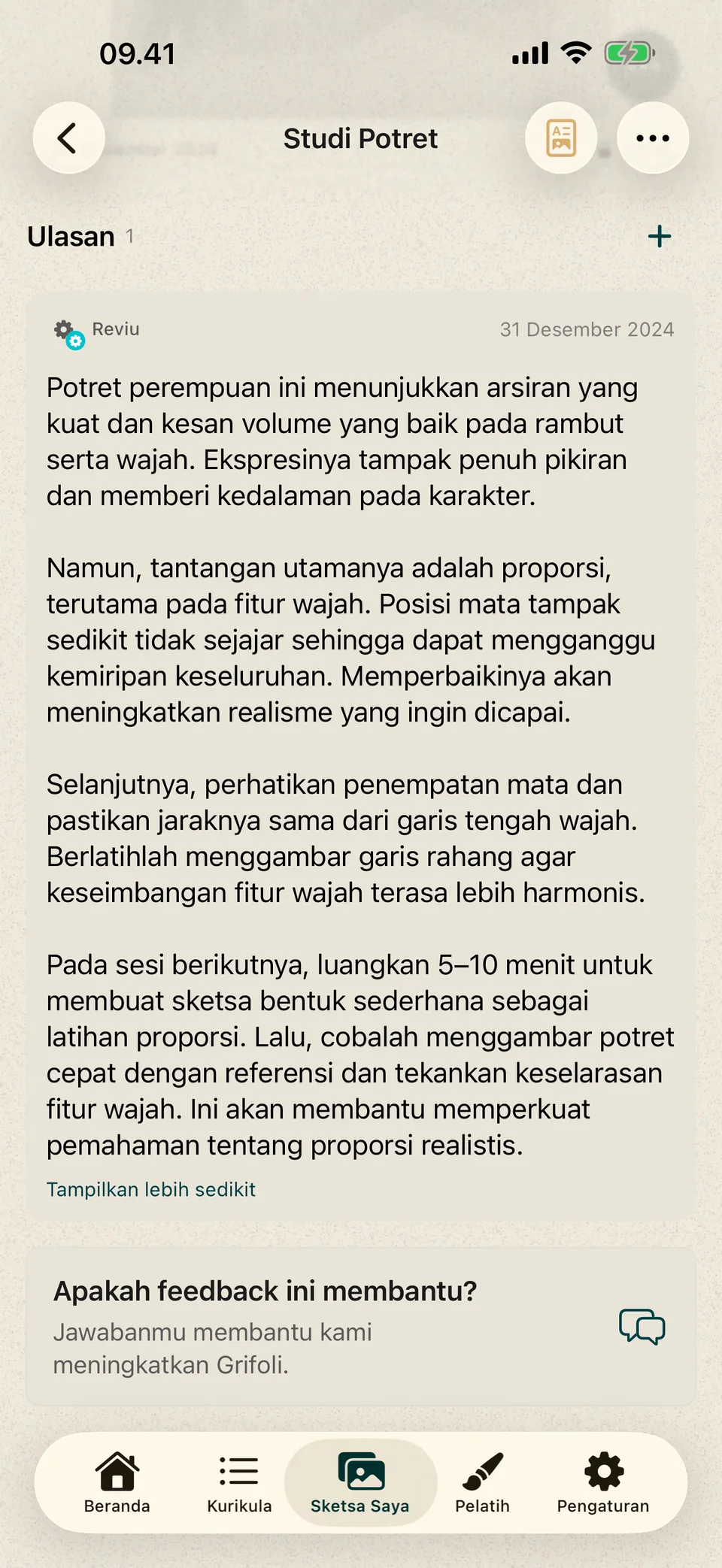 Potret dengan masukan tertulis tentang arsiran, proporsi wajah, dan latihan berikutnya.