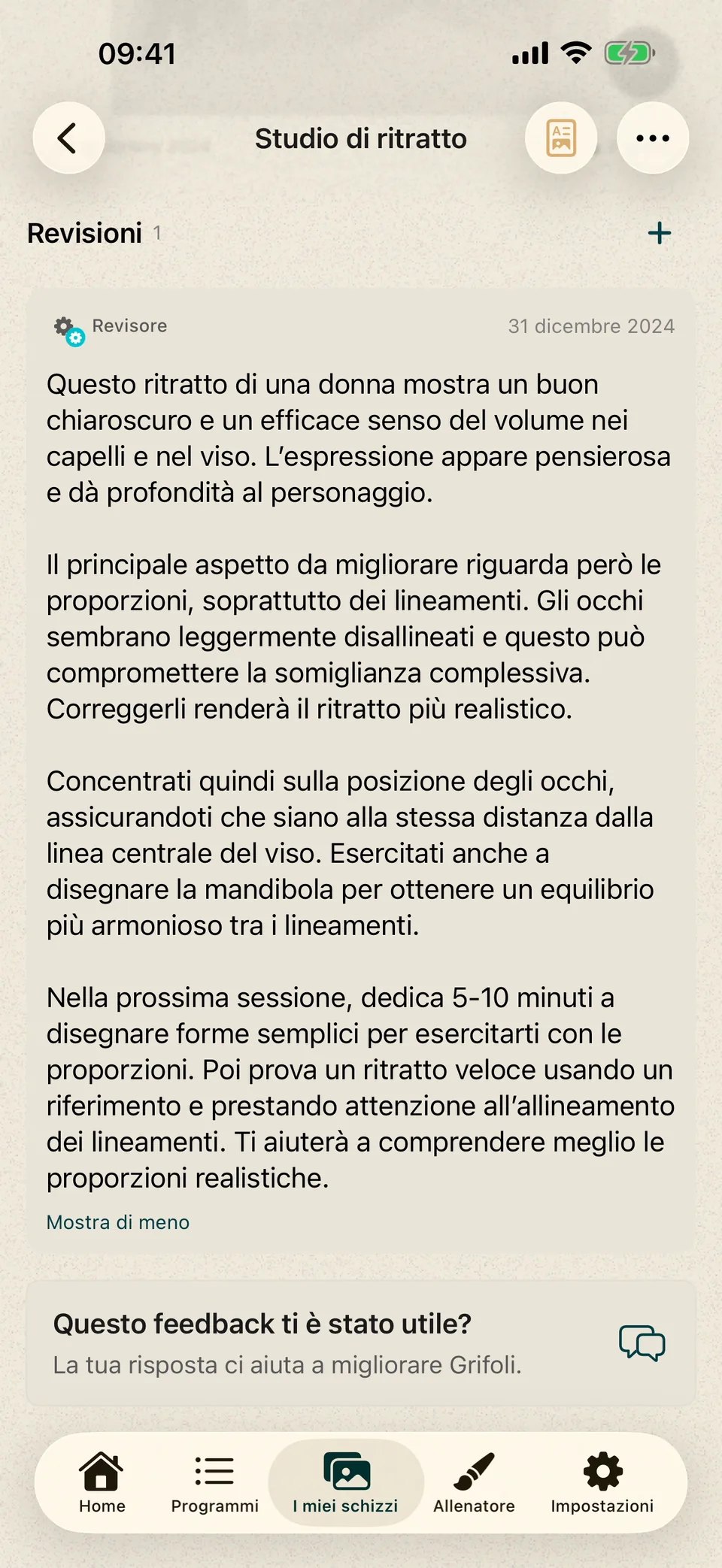 Ritratto con feedback scritto su ombreggiatura, proporzioni del viso e prossimo esercizio.