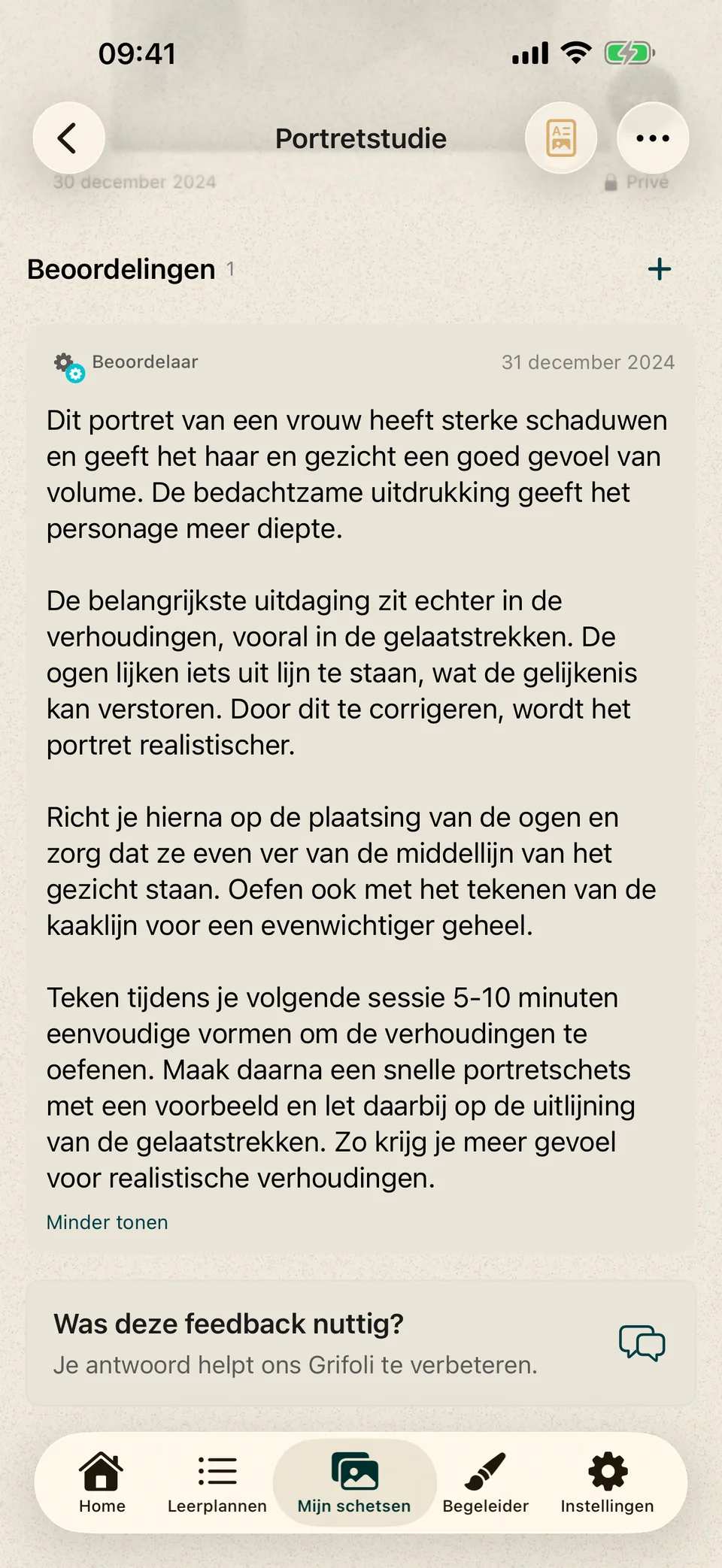 Portret met geschreven feedback over schaduwen, gezichtsverhoudingen en een volgende oefening.