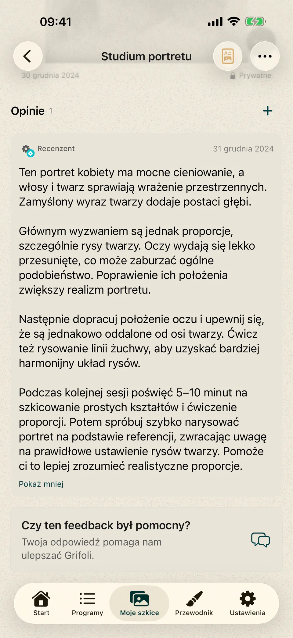 Portret z pisemną informacją zwrotną o cieniowaniu, proporcjach twarzy i kolejnym ćwiczeniu.