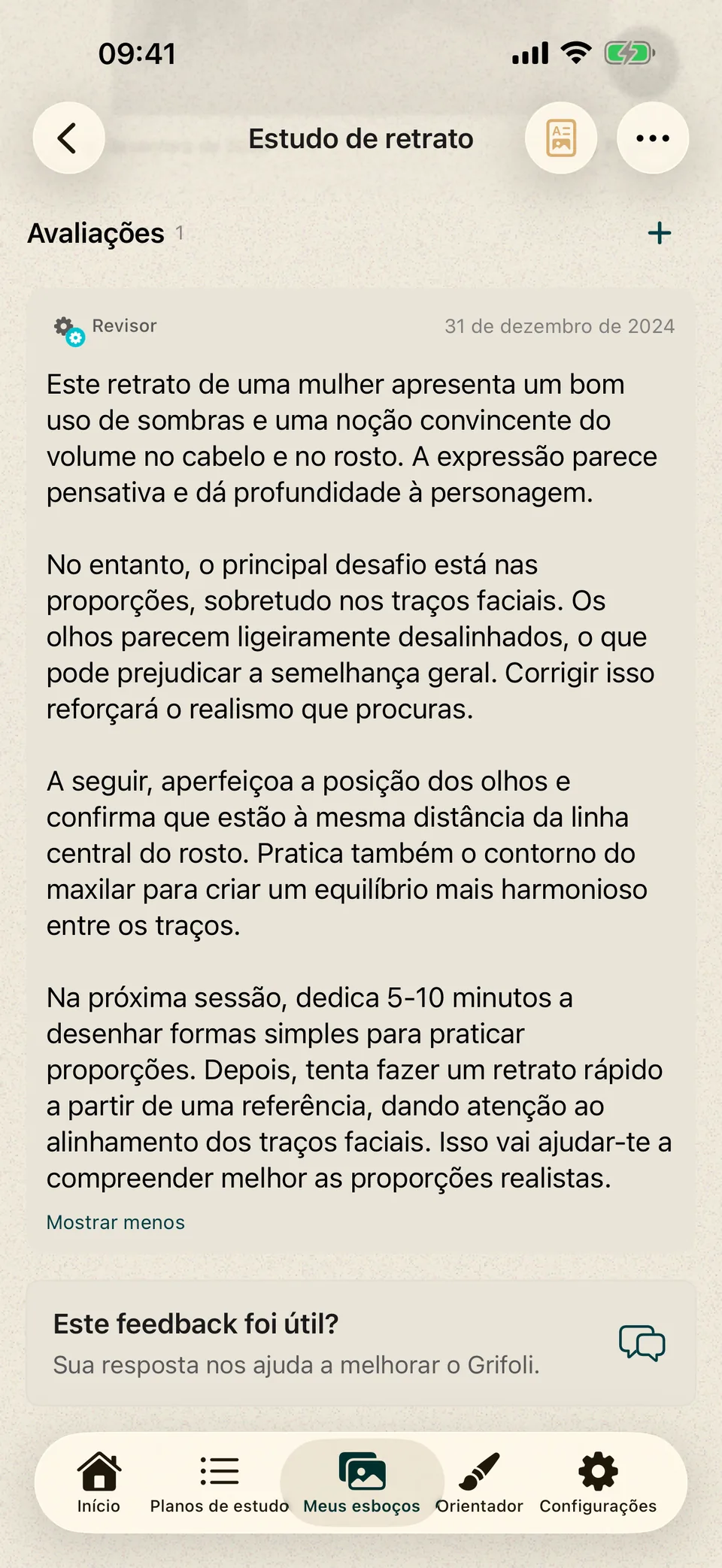 Retrato com feedback escrito sobre sombras, proporções faciais e o próximo exercício.