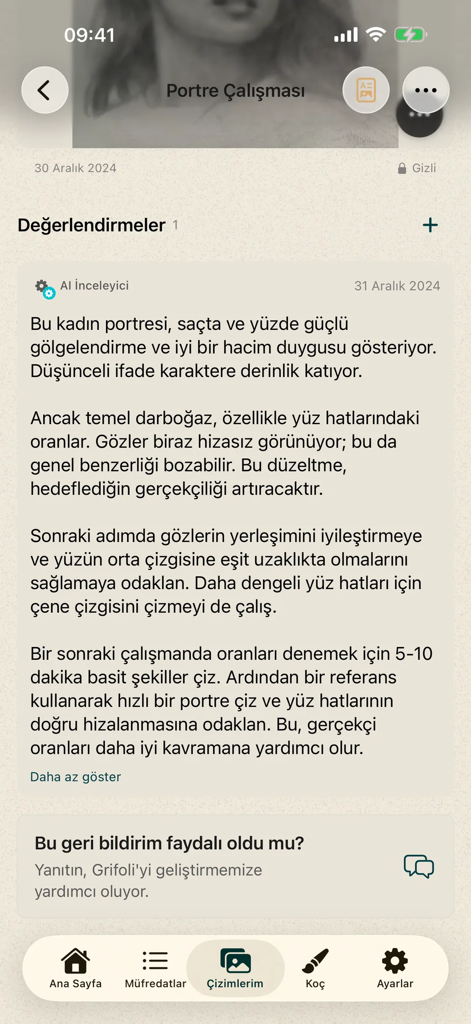 Gölgelendirme, yüz oranları ve sonraki alıştırma hakkında yazılı geri bildirim içeren portre.